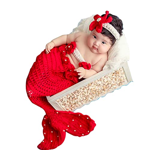 ISAKEN DIY Neugeborenes Baby Fotografie Requisiten Set, häkeln gestrickte Meerjungfrau Kostüm Outfit Baby Meerjungfrau Outfit Kostüm häkeln Fotografie Anzug Set für Baby Mädchen von ISAKEN