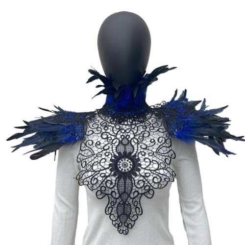 ISAKEN Feder Cape Plume Schal Damen Herren Gothic Spitze Epauletten Natürliche Feder Shrug Umhang Schulterklappen Schulterschmuck Kostüm Schalkragen Cape für Foto Requisite Cosplay Party Kleidung von ISAKEN