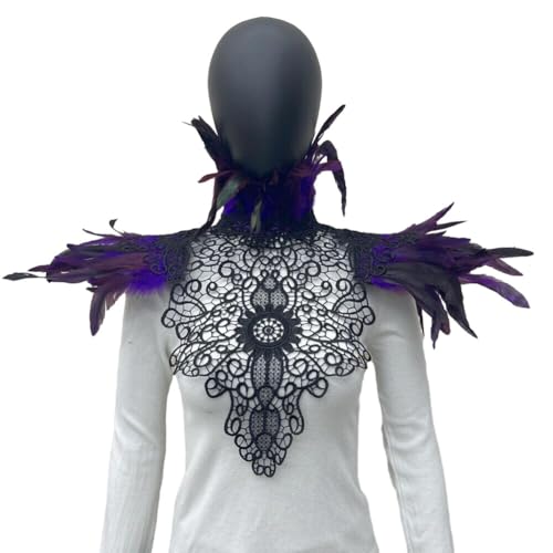 ISAKEN Feder Cape Plume Schal Damen Herren Gothic Spitze Epauletten Natürliche Feder Shrug Umhang Schulterklappen Schulterschmuck Kostüm Schalkragen Cape für Foto Requisite Cosplay Party Kleidung von ISAKEN