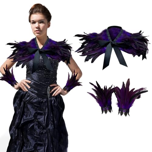 ISAKEN Gothic Federkragen Schwarzer Kostüm Set Damen Maleficent Kostüm mit Feder Handgelenk Manschetten Feder Cape Federrock Pfau Kostüm für Karneval, Cosplay Kostüm, Halloween, Maskerade von ISAKEN