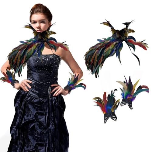 ISAKEN Gothic Federumhang mit Feder-Manschetten Damen Schwarzer Federkragen Maleficent Kostüm Natürlicher Feder Cape Federrock Pfau Kostüm für Cosplay Halloween Party von ISAKEN