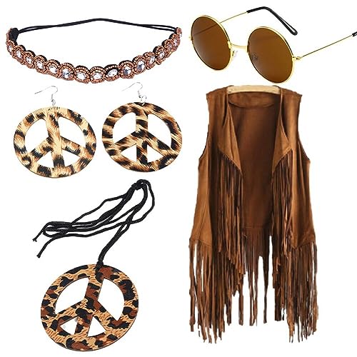 ISAKEN Hippie Kostüm Damen Set 60er 70er Jahre Frauen Hippie Kostüm Set Fransen ärmellos Weste Hippie Kleidung Disco Outfit Braun Fransenweste Damen Hippie Bolero Karneval Faschingskostüme von ISAKEN