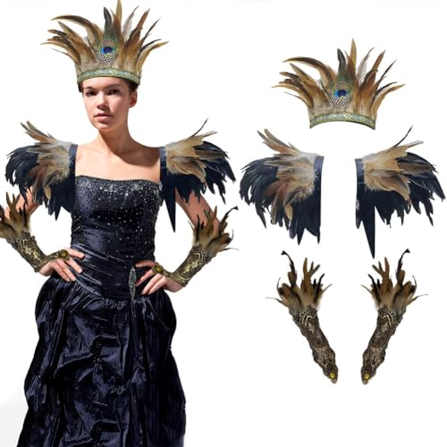 ISAKEN Schwarzer Federkragen Kostüm Set mit Feder Handgelenk Manschetten und Haarband Damen Maleficent Kostüm Set Gothic Feder Cape Kostüm für Karneval, Cosplay Kostüm, Halloween, Maskerade von ISAKEN