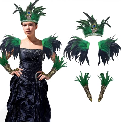 ISAKEN Schwarzer Federkragen Kostüm Set mit Feder Handgelenk Manschetten und Haarband Damen Maleficent Kostüm Set Gothic Feder Cape Kostüm für Karneval, Cosplay Kostüm, Halloween, Maskerade von ISAKEN