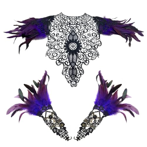 ISKAEN Schwarzer Federumhang Maleficent Kostüm mit Feder Handgelenk Manschetten Floral Lace Feder Achselzucken Schal Federrock Pfau Kostüm für Damen, Halloween Maskerade Cosplay Kostüm von ISAKEN