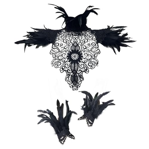 ISKAEN Schwarzer Federumhang mit Feder-Manschetten Maleficent Kostüm Set Damen Gothic Federrock Elegant Federschal Pfau Kostüm für Halloween Karneval Maskerade Cosplay Kostüme von ISAKEN