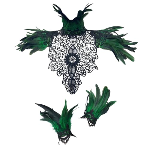 ISKAEN Schwarzer Federumhang mit Feder-Manschetten Maleficent Kostüm Set Damen Gothic Federrock Elegant Federschal Pfau Kostüm für Halloween Karneval Maskerade Cosplay Kostüme von ISAKEN