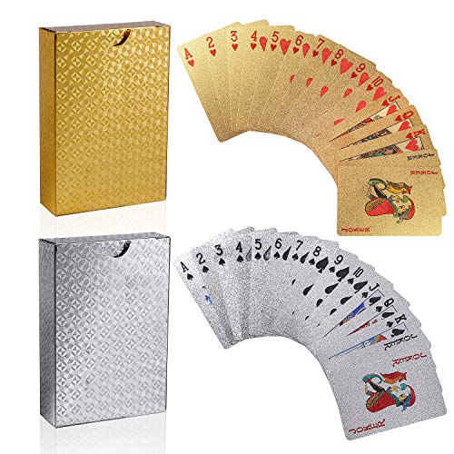 ISIYINER Spielkarten Wasserfeste Pokerkarten Spiel Playing Cards für Familienparty 2 Stück (Goldfolie & Silberfolie) von ISIYINER