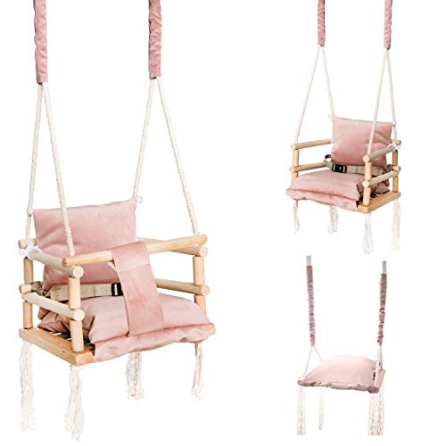 ISO TRADE Babyschaukel Kinderschaukel Holz Stoff Babysitz Baby Schaukel zum Aufhängen 3 in 1 Rosa Grau 8336 , Farbe:Rosa/ pink von ISO TRADE