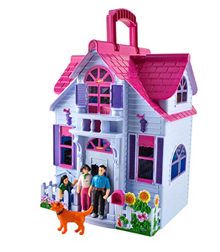 Puppenhaus Klappbar 6 Zimmer Möbel Figuren Familie mit Hund Spielzeug Tragbar 6079 von ISO TRADE