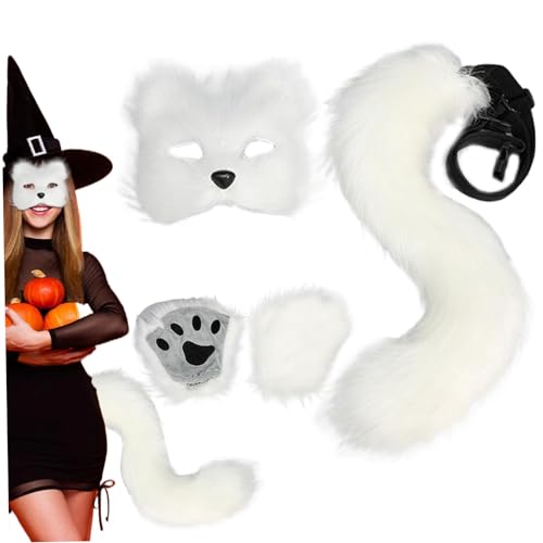 Fox -Maske und Schwanz mit Fox Paws Realistisches personalisiertes plüschflauschiges Kostüm für Frauen dekoratives pelziges Katzenkostüm für Cosplay -Party Halloween Masquerade (weiß) Maske und Schwa von ISOYTERO