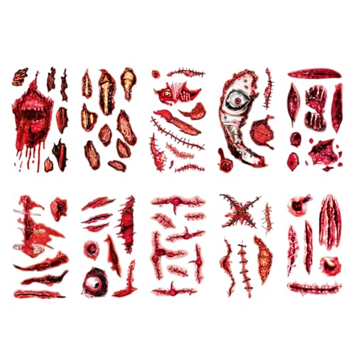 ISOYTERO 10pcs Halloween temporärer Tätowierungen Realistische wasserdichte Narben beängstigende Blutverletzung Tattoo Aufkleber für Kostüm Streich Make -up -Party von ISOYTERO