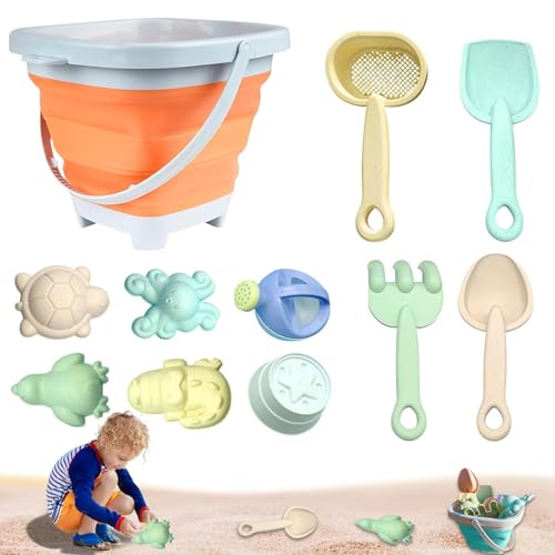 ISOYTERO 11pcs Strandspielzeug, Plastiksandspielzeug, wiederverwendbares farbenfrohe Sandkasten umfasst zusammenklappbarer Eimer, Kessel, Rakes, Schaufeln und Tierformen Orange Beach von ISOYTERO