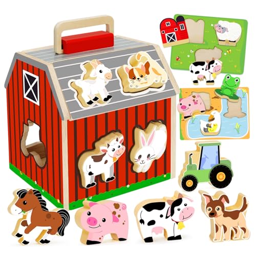 ISOYTERO 1Set Farm Toys für Kleinkinder 1-3 Holzform-Sortierer-Scheunen für Kleinkinder 1-3 mit Flip-up-Dach und Handlungsfarm Spielzeuggeschenk für und Kinder von ISOYTERO