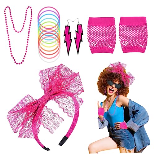 ISOYTERO 5pcs/Set 80er Jahre Kleid für Frauen 80er Jahre Neon -Kostüm -Accessoires Set mit Spitze Stirnband Fishnet Handschuhe Neonohrringe Perlen Halskette für Party80s von ISOYTERO