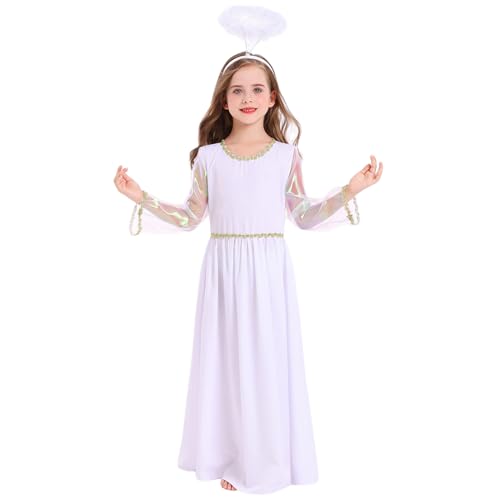 ISOYTERO Engel Kostüm für Mädchen rund Hals Heiliges weißes Engel Kostüm beinhaltet Kleid & Stirnband Weihnachten Halloween Kostüme für Mädchen für Party, Cosplay, Bühne, L für von ISOYTERO