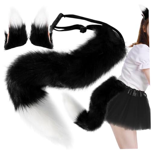 ISOYTERO Fuchsohren und Schwanz -Set Fuchs Schwanz und Ohren Haarclip 25.6 '' Langflauschige pelzige Therian Gear Kostüme für Cosplay -Party Maskerade Halloween Black von ISOYTERO