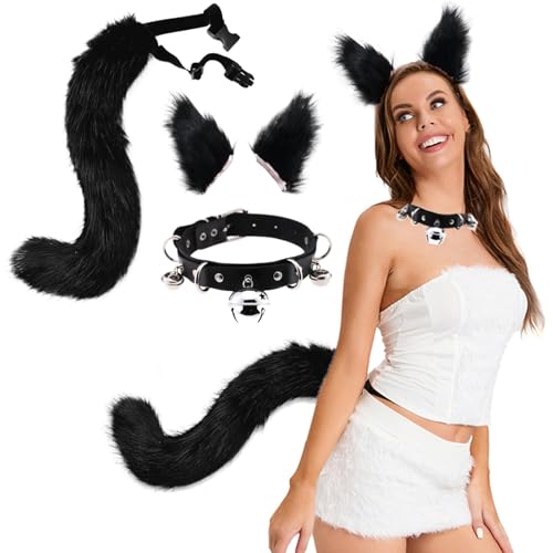ISOYTERO Fuchsohren und Schwanzset mit Lederhalshalshärte, weiche Fluzzy -Fuchsohren, Einstellbarer Schwanz, realistisches pelziges Kostüm für Halloween -Cosplay -Party Maskerade, Schwarz und Set von ISOYTERO