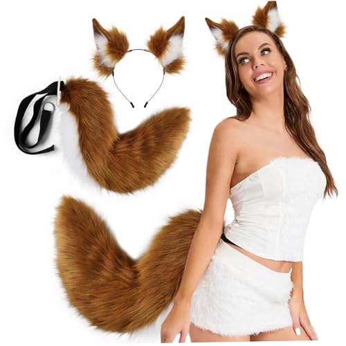 ISOYTERO Halloween Fuchsohren und Schwanzset, weiche Flauschige Fuchs -Ohren -Stirnband und einstellbares pelziges Schwanz, Kostüm für Halloween -Party -Cosplay -Kostüm, Braun Set von ISOYTERO