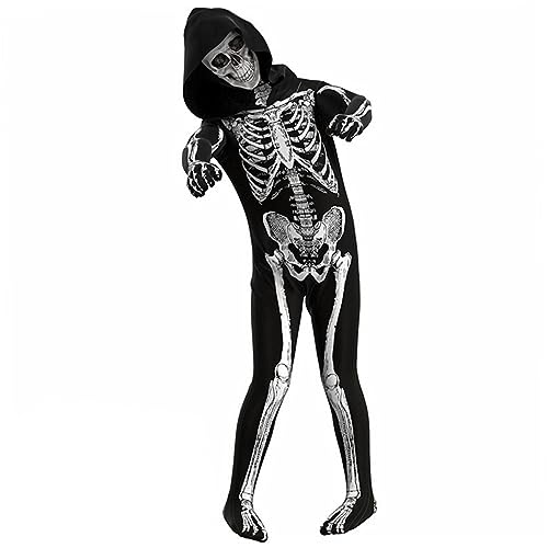 ISOYTERO Halloween-Skelettkostüm für Kinder mit Kapuze mit langärmeligem Skelett Jumpsuit Polyester Softschädel Druck gruseliger Halloween-Kostüme für 47.2-51.2 in Höhe ISOYTERO Halloween-Skelettkostüm für Kinder mit Kapuze mit langärmeligem Skelett Jumpsuit Polyester Softschädel Druck gruseliger Halloween-Kostüme für 47.2-51.2 in Höhe von ISOYTERO