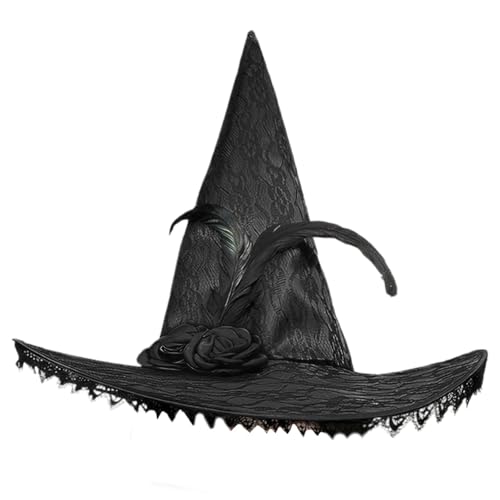 ISOYTERO Hexenhut für Frauen Spitzenzauberer Hut mit Blumendekor faltbare schwarze Hexe frei Größe verrückt nach Kostümen, Cosplay, Halloween Party von ISOYTERO
