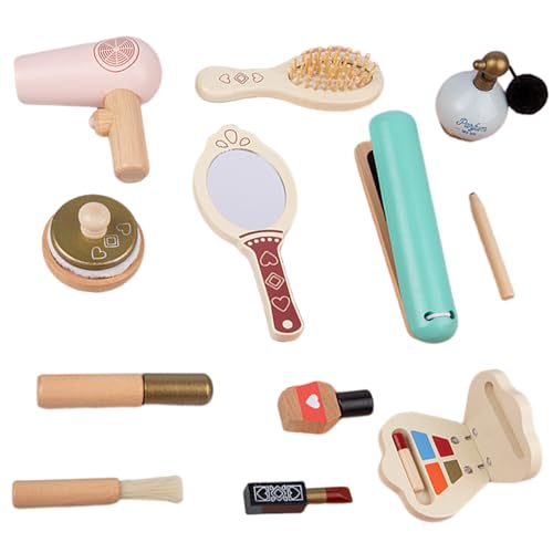 ISOYTERO Holz Make -up -Spielzeugset tun Make -up -Kit mit Curling -Eisen, Haartrockner, Kamm, Spiegel, Lippenstift, Wimperntusche, Parfüm und mehr pädagogischem Kleinkind -Kit für Girls Style 1 von ISOYTERO