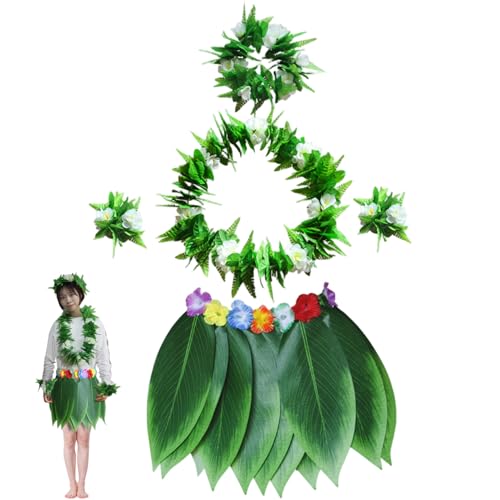 ISOYTERO Hula -Rock für Erwachsene 5pcs/Set Green Blattrock mit Halsketten Armbändern Stirnband Hawaiian Kostüm für Strand Luau Party Gefälligkeiten, m von ISOYTERO