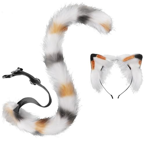 ISOYTERO Katzenohren und Schwanz Set 3 Farbe Realistische pelzige Katze Ohren glatt biegsamer Schwanz mit integriertem Rahmen dekoratives Kostüm für Cosplay, Halloween, Party und von ISOYTERO