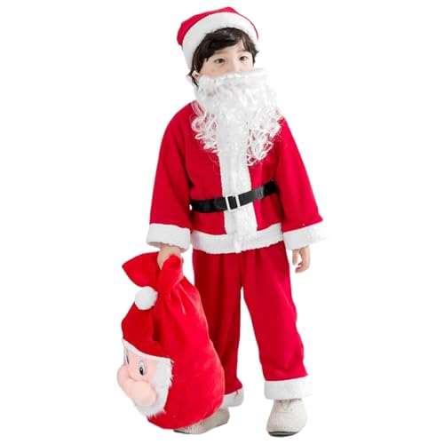 ISOYTERO Kids Santa Kostüm, 6pcs/Set Red Santa Claus Kostüm mit Gürtel, Bart, Hut und Tasche, weiches Weihnachtsfest für Party -Cosplay, S Kinder von ISOYTERO