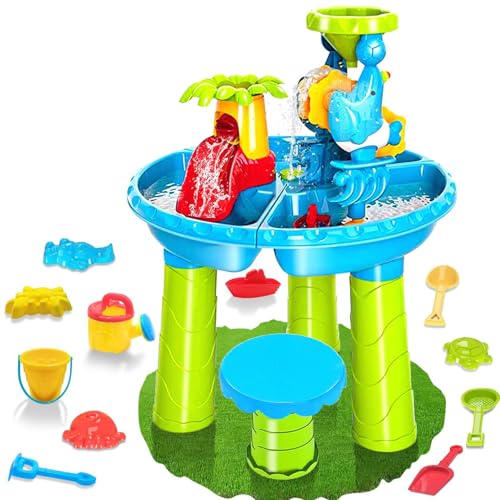 ISOYTERO Kids Water Table, 3 in 1 Wasser- und Sandspieltisch mit Tieren Formen, Schaufeln, Kelle, Handscharke, Eimer, Bank und mehr für Sommer -Beach -Pool -Hinterhof -Spielzeuge von ISOYTERO