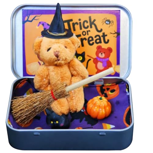 ISOYTERO Kleiner Bär in Einer Schachtel Hexenplüsch Bär Halloween Mini -Figuren mit Eisenbox -Besen Cape Kürbiskatze für Trick oder Merkmale von ISOYTERO
