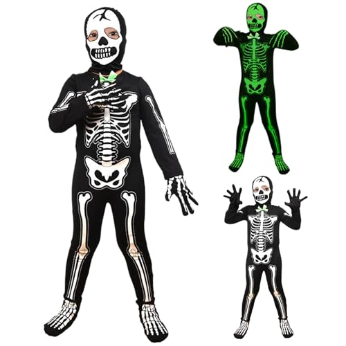 ISOYTERO Kleinkind -Skelettkostüm Ganzkörper im dunklen Langarm -Skelettkostüm mit Handschuhen gruselige Halloween -Kostüme für Jungen und Mädchen, L -Kleinkind von ISOYTERO