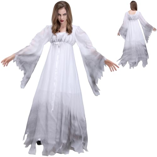 ISOYTERO Leiche Braut Kostüm Frauen Gothic Victorian White Masquerade Kleid Weiches Polyester Geisterkostüm für Party Cosplay, L -Leiche Braut von ISOYTERO