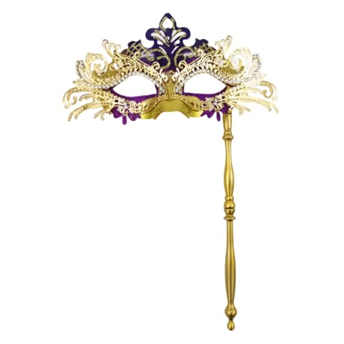 ISOYTERO Masquerade -Maske auf Stick Metal Handheld Mardi Gras Mask abnehmbarer Maskerade Ball für Partykostümzubehör Golden Purplehandheld von ISOYTERO