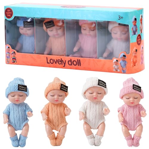 ISOYTERO Mini-Babypuppen 4pcs 4 Zoll realistisch schlafend kleine Babypuppen mit Kleidung auf 4 Farben bewegliche Gelenk winzige Puppe, Geschenke für Mädchen, solidfarbene Kleidung von ISOYTERO