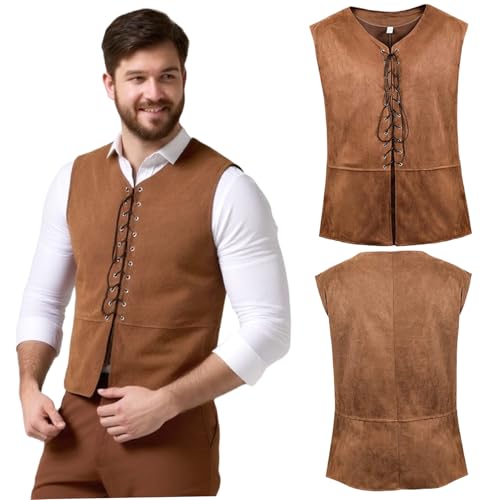 ISOYTERO Mittelalterliche Weste dunkelbrauner Retro Viking Renaissance Weste Männer Gothic Steampunk Pirate Kostüm Männer für Halloween Cosplay, xl von ISOYTERO
