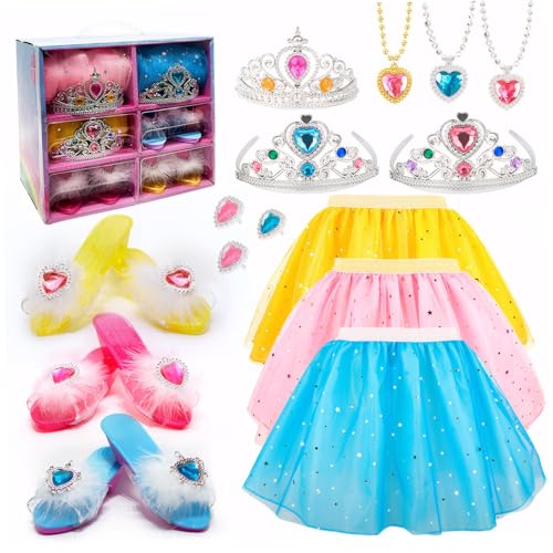 ISOYTERO Prinzessin Dress -up Set für Mädchen Kleinkind Dress -up Kostüme mit Prinzessin Kleidern Schuhe Ring Anhänger Krones Charming Gift für 3 4 5 6 Jahre alte Mädchen von ISOYTERO