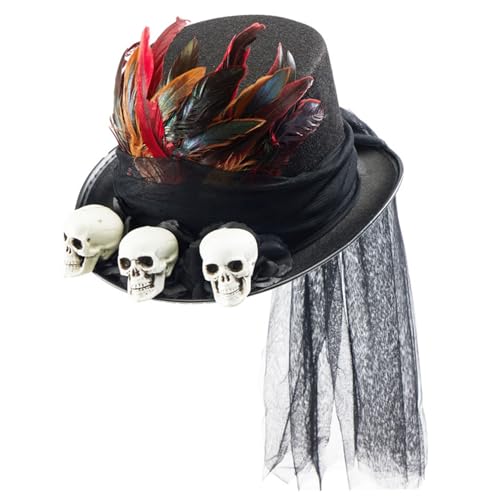 ISOYTERO Steampunk Hut gruseliger Halloween-Top-Hut mit Federn, schwarzem Netz und 3 Schädeln Kopf Kopfstück von ISOYTERO