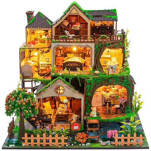 ISSEVE Miniatur Haus Kit mit LED Licht, DIY Mini Haus Bauset für Erwachsene Teen, Tiny Dollhouse DIY Crafts Kits Home Decor Halloween Weihnachten Geburtstag Geschenke (Waldschloss) von ISSEVE