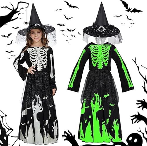 ITJMRJP Skelett Kostüm Kinder Hexenkostüm Mädchen Halloween Kostüm Skelett Skelettkostüm für Mädchen Skeleton Costume Kids Leuchtet für Halloween Partys und Familienfeiern(S) von ITJMRJP