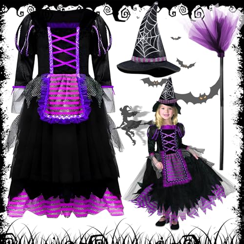 ITMNMNL Hexenkostüm Mädchen,Karneval Kostüm Kinder Mädchen,Hexenkostüm Kinder,Faschingskostüme Kinder,Hexen Kostüm Kinder 3 teilig,Mädchen Fasching mit Hexenhut Hexenbesen Zauberer Kostüm von ITMNMNL