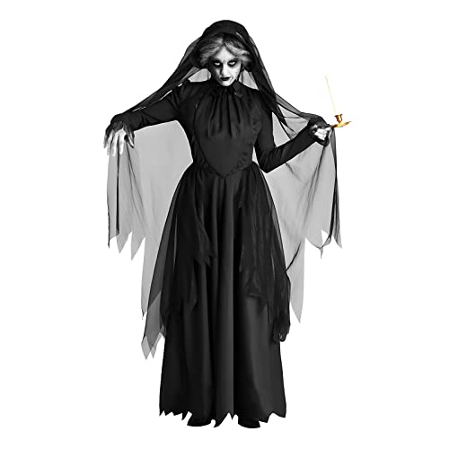 ITODA Damen Geisterbraut Kostüm Vampirkleid mit Schleier Hut Halloween Hexe Cosplay Kostüm für Party von ITODA