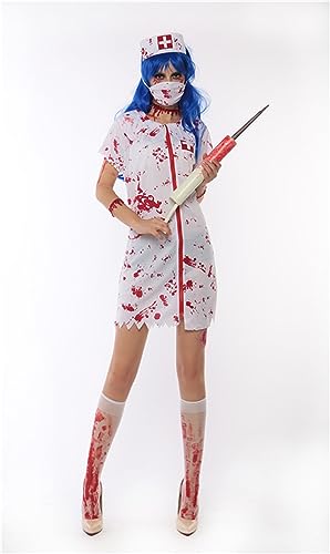 ITODA Halloween Kostüm Krankenschwester Arzt Doktor Kostüm Zombie Kleid Blutverschmiert Krankenschwesterkostüm Horror Blutig Laborkittel Arztkittel Krankenhaus Partnerkostüm für Damen Mädchen Weiß XL von ITODA
