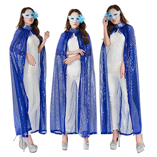 ITODA Halloween Tüll Umhang Glitzer Pailletten Cape Damen Mädchen Prinzessin Halloween Kostüm Lang Mantel Böse Königin Karnevalskostüm Cosplay Party Kostüm für Kinder Erwachsene Verkleidung Blau von ITODA