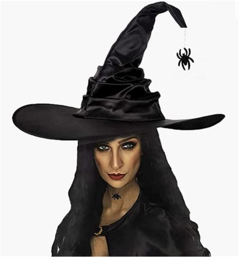 Hexenhut Halloween Hexenmütze mit Spinne Fledermaus Spitzhut Hexe Zauberer Hexenkostüm Verformbar Spitzmütze Hexenmeister Zauberhut Witch Hut Cosplay Party Hexenaccessoire Kinder Erwachsene von ITODA