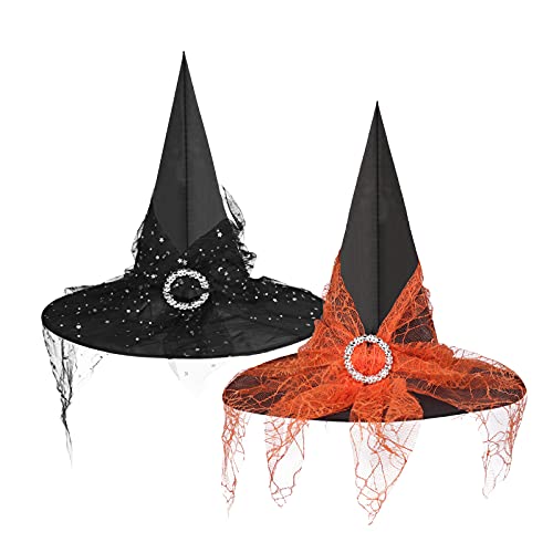 ITODA Hexenhut Hexenmeister Zauberhut 2 Stück Hexenmütze Halloween Kostüm Mädchen Hexen Hut Hexenkostüm Damen Karnevalskostüm Zauber Spitzhut mit Schleier Spitzmütze Maskerade Fasching Cosplay Party von ITODA