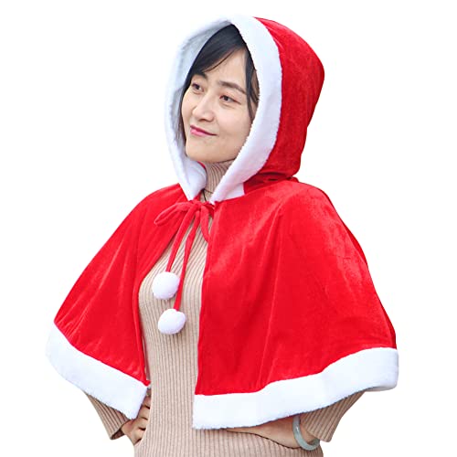 ITODA Weihnachten Cape Kinder Weihnachtskostüm mit Weihnachtsmütze Erwachsene Weihnachtsmantel Kurz Poncho Rot Samt Weihnachtskleid Santa Nikolaus Kapuzenmantel Festlich Kapuzenkostüm Party Geschenk von ITODA