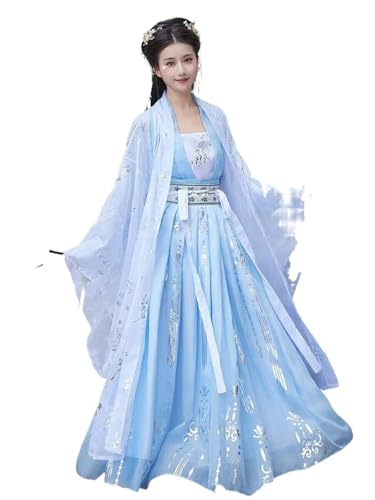 IUERVPS Große Größe 3XL Chinesisches Hanfu-Kleid Frauen Karneval Fee Cosplay Kostüm Partykleid Vintage Tang-Dynastie Blau Hanfu Plus Size(Blue 3pcs set,XXL) von IUERVPS