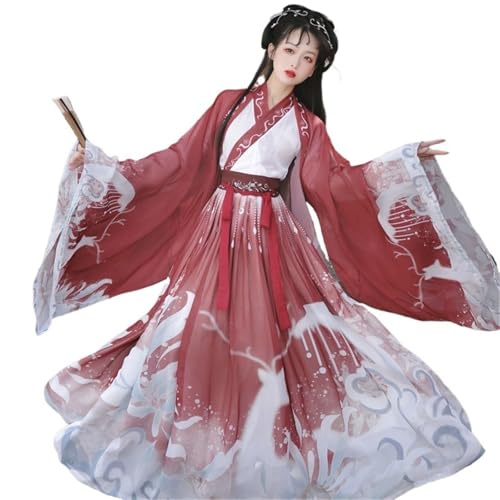 IUERVPS Hanfu 3-teiliges altes chinesisches Kostüm for Damen, traditionelle Hanfu-Tanzkostüme, Volksmärchenkleid for den Abschluss(Red 3pcs,S) von IUERVPS