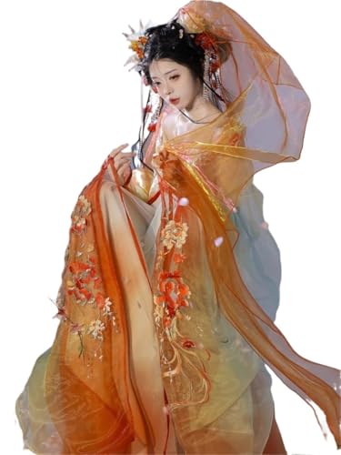 IUERVPS Tang-Anzug Chinesischer Hanfu Frauen Traditioneller Tanz Fee Kostüm Antike Prinzessin Zarte Stickerei Cosplay Kleid Set Frühling Sommer(Orange,L) von IUERVPS